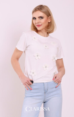 Bluzka t-shirt Joki biała wykonana z wysokiej jakości bawełny z ozdobnym kwiatuszkami. Propozycja na co dzień do jeansów i pod żakiet.